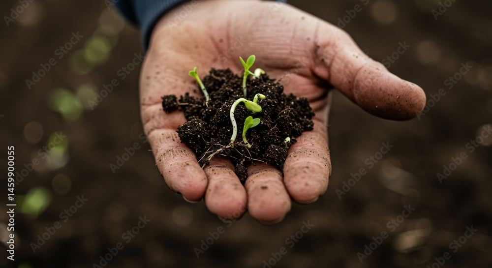 Fragile beginnings: Hand holding delicate sprouts emerging from rich soil Fragile beginnings: Hand holding delicate sprouts emerging from rich soil