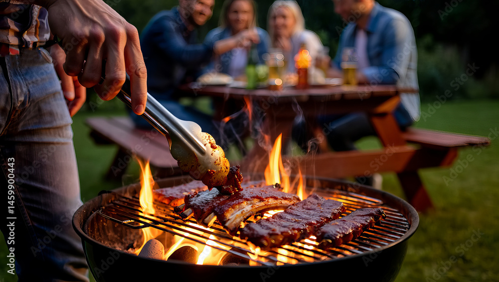Fototapeta premium A group of friends enjoys a lively summer evening in a backyard, gathered around a grill. One person uses tongs to flip ribs sizzling over open flames, creating a warm and inviting atmosphere.