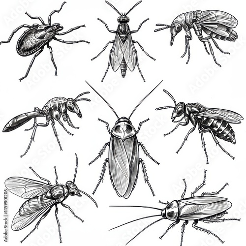 Collection of various insect illustrations on a plain background art