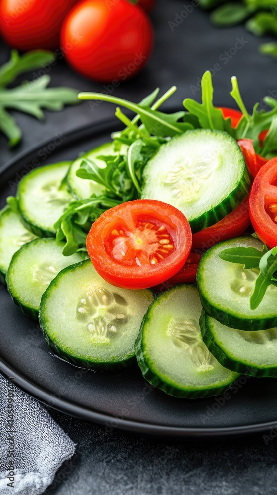 Vibrant cucumber and tomato salad with arugula presented beautifully on a dark plate, perfect for a healthy meal or side dish. Vibrant cucumber and tomato salad with arugula presented beautifully on a dark plate, perfect for a healthy meal or side dish.