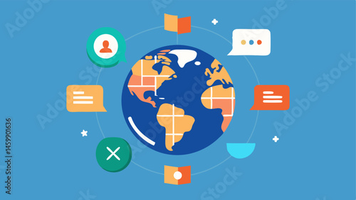 Globe with Language Icons A globe surrounded by various language icons like letters or symbols representing worldwide communication facilitated by AI translation tools.