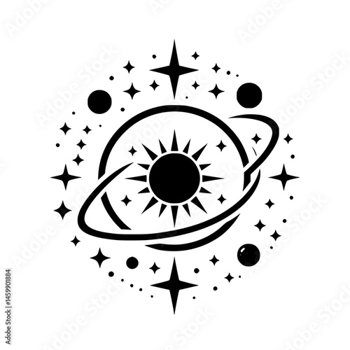 Celestial Solar System Icon: Black & White Universe Design