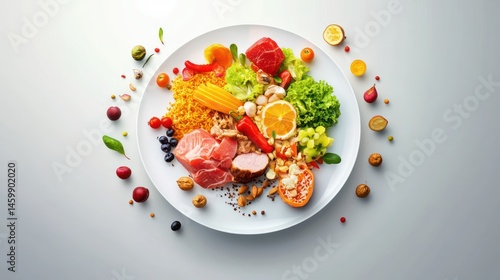 A visually stunning balanced meal plate infographic with realistic food elements arranged beautifully soft shadows vibrant yet natural color tones
