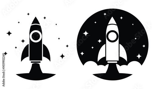 Black and White Rocket Launch Illustration - Space and Starry Design