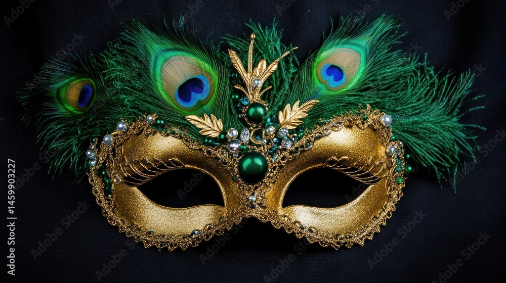 Fototapeta premium Gold mask with peacock feathers and jewels
