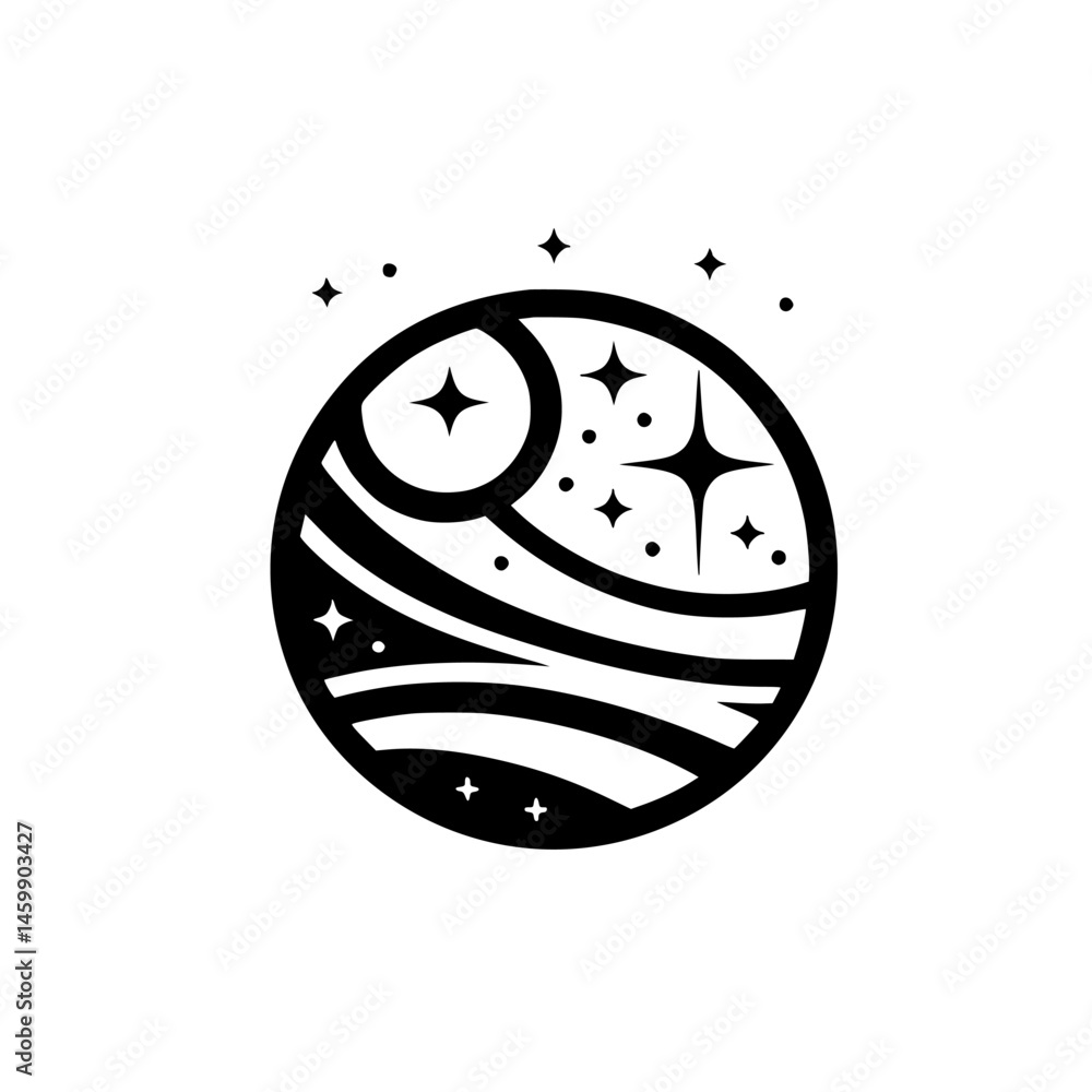 Obraz premium Abstract Celestial Illustration: Moon, Stars, & Space Silhouette