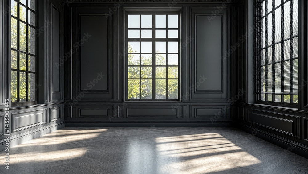 Spacious dark room with large windows and elegant paneling. Spacious dark room with large windows and elegant paneling.