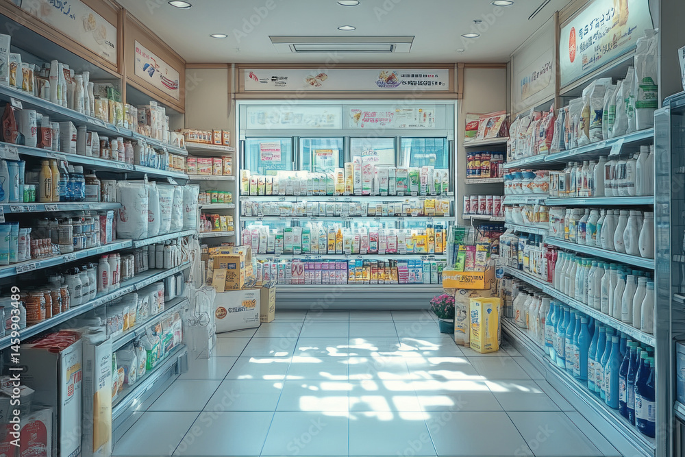 Fototapeta premium Well-Stocked Grocery Aisle with Products and Organized Shelving Displays
