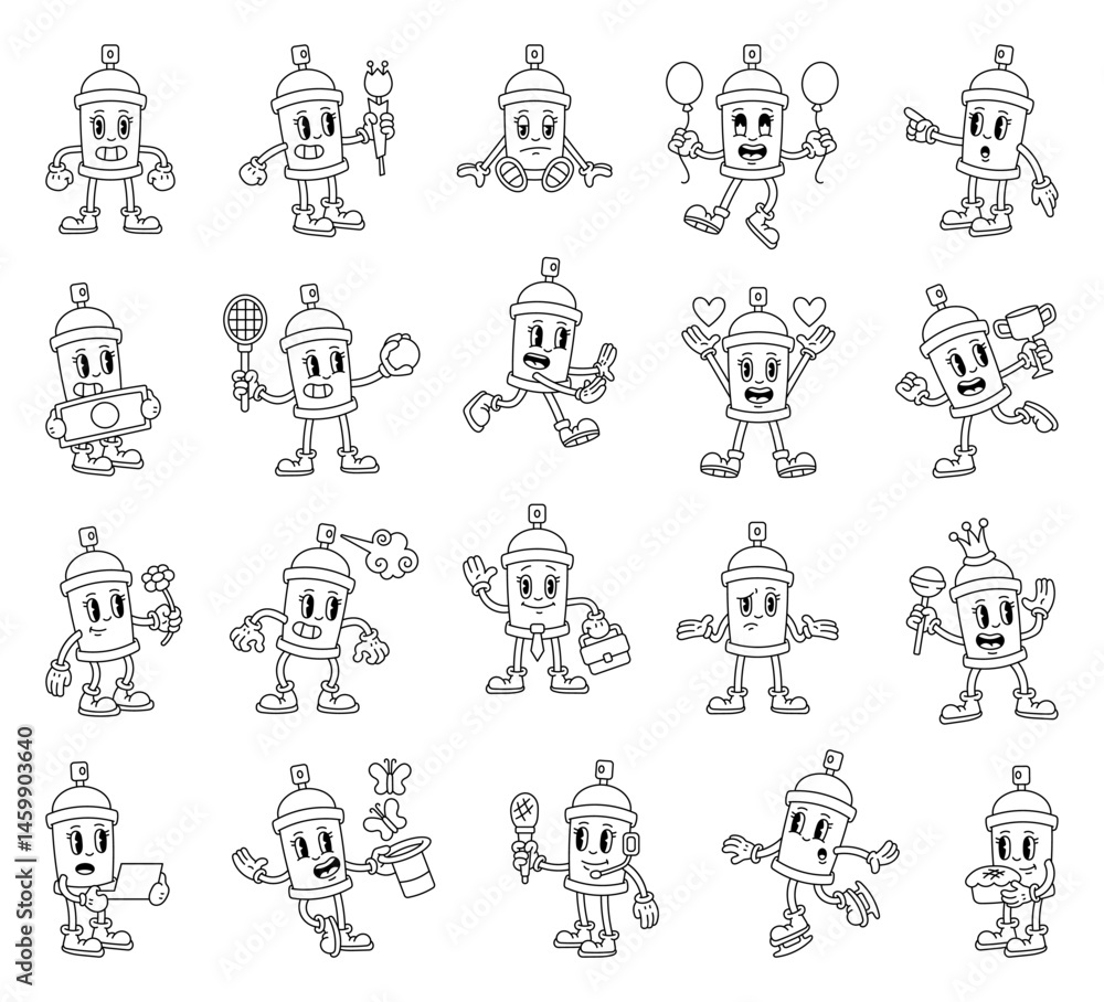 Spray can cartoon characters with emotions gestures objects accessories professions actions and food in groovy retro outline style Spray can cartoon characters with emotions gestures objects accessories professions actions and food in groovy retro outline style