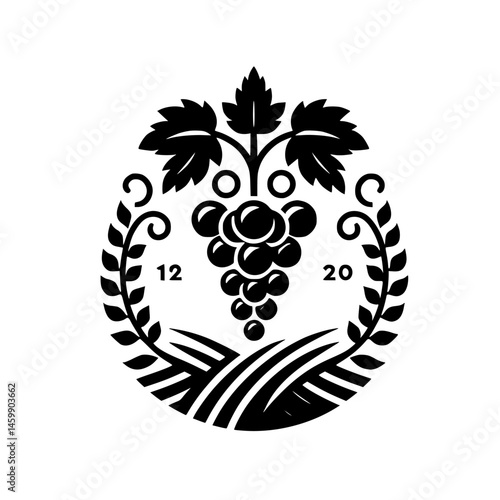 Elegant Black & White Grapevine Crest: Vineyard Logo, Vintage Design