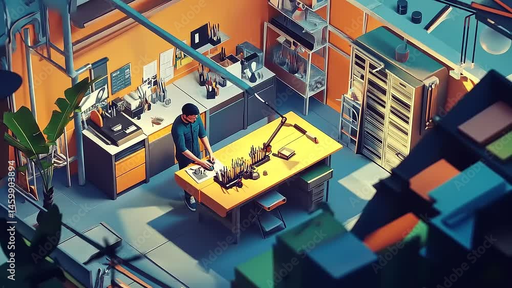 Artistic workspace illustration: Designer working in a well-organized and illuminated atelier Artistic workspace illustration: Designer working in a well-organized and illuminated atelier