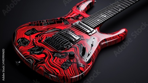 Red black swirl electric guitar music instrument closeup