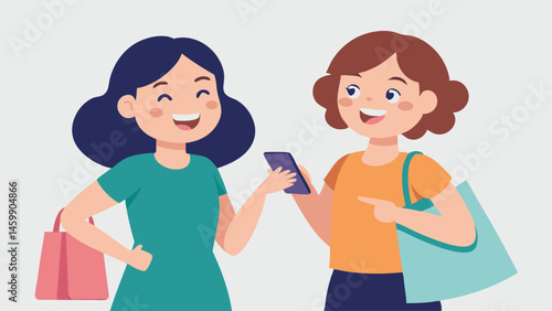 Sisters Decision Two sisters standing side by side one laughing and pointing at her phone while the other nods both surrounded by bags from different stores.