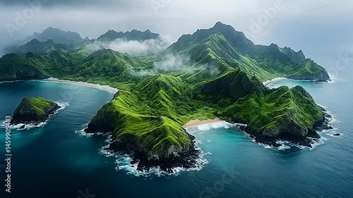 Lush Tropical Island with Dramatic Peaks and Clear Turquoise Water