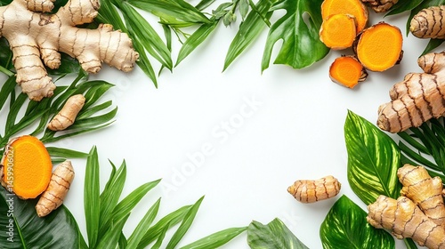 Turmeric and Ginger Roots with Tropical Leaves