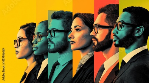 Collage of portraits of an ethnically diverse and mixed age group of focused business professionals illustration , no logos, no brands