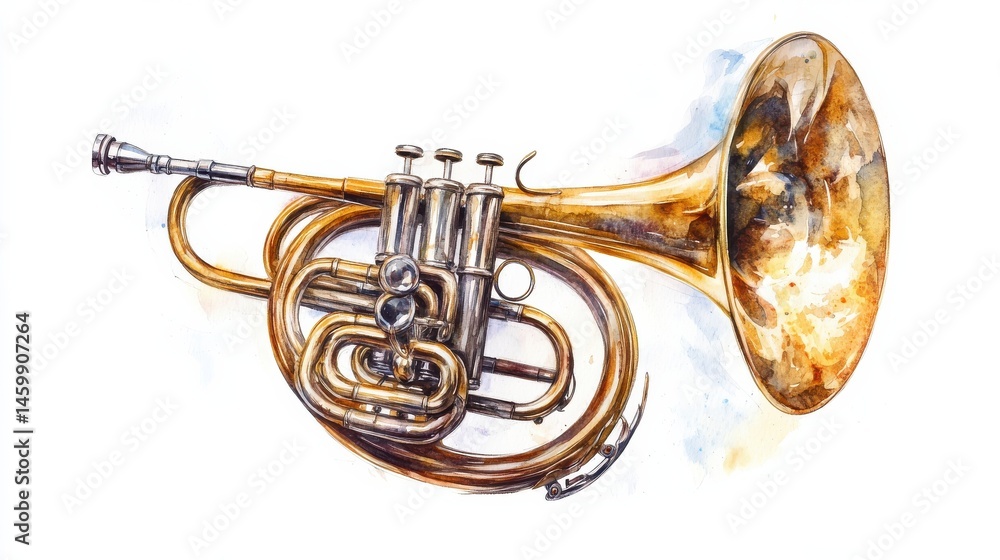 Obraz premium Watercolor illustration of a French horn musical instrument