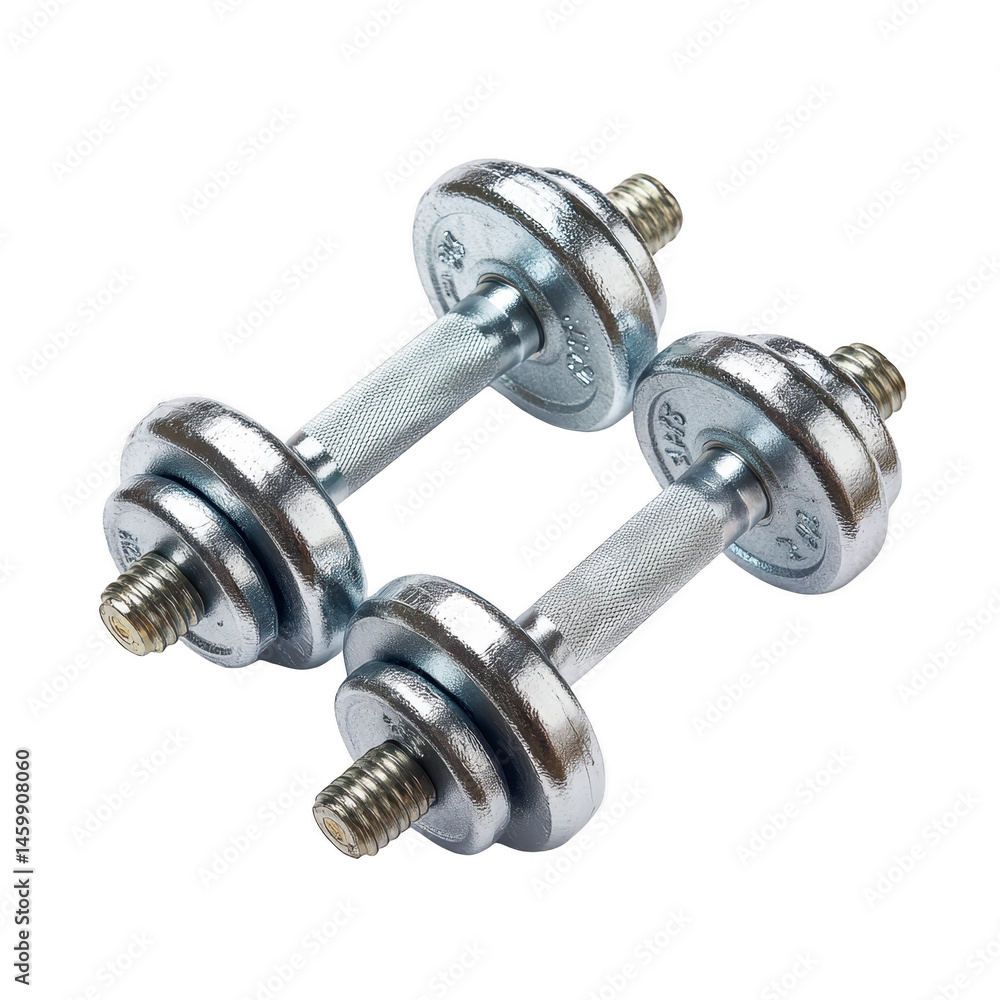 Naklejka premium Two silver adjustable dumbbells with threaded handles and weight plates are placed on transparency background, ideal for home gym workouts and strength training