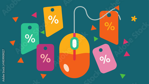 Mouse and Sale Tags A computer mouse sitting on a desk surrounded by vibrant sale tags that showcase various discount percentages.