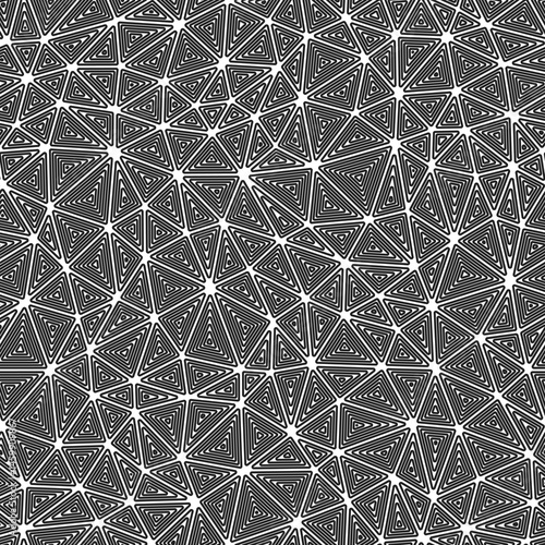 Pattern of triangle shapes. Compact triangles size. Multiple repeated inner triangles. Black and white style. Repeatable pattern. Amazing vector tiles. Seamless vector illustration.