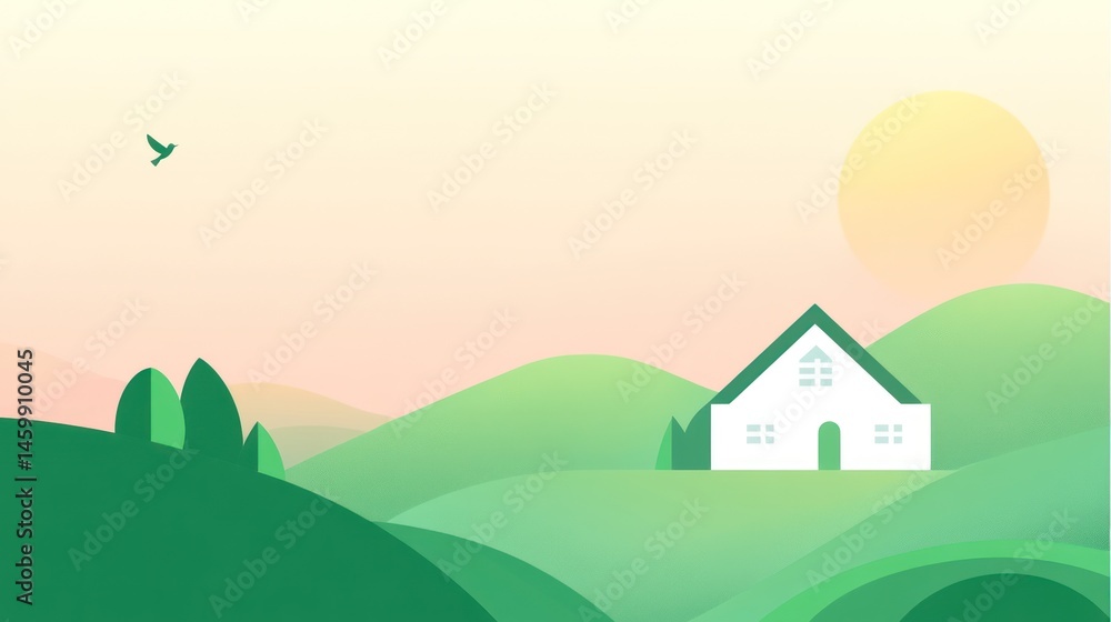 Fototapeta premium Tranquil Sunrise over Rolling Green Hills and Cozy House