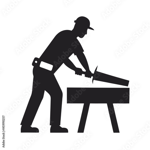Carpenter Sawing A Wooden Plank