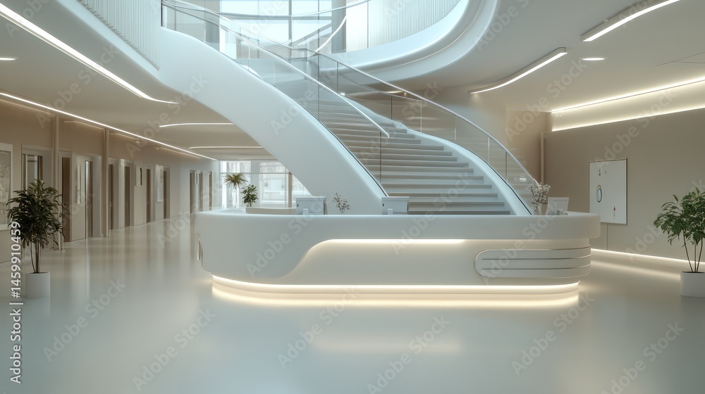 Fototapeta premium The main hospital foyer, designed with a floating staircase, an elegant white reception counter, and ultra-modern LED ambient lighting