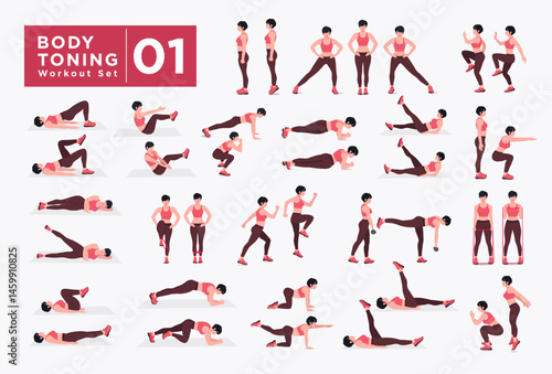 Women Workout Set. Women doing fitness and yoga exercises. Lunges, Pushups, Squats, Dumbbell rows, Burpees, Side planks, Situ ps, Glute bridge, Leg Raise, Russian Twist, Side Crunch .etc