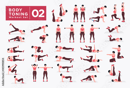 Women Workout Set. Women doing fitness and yoga exercises. Lunges, Pushups, Squats, Dumbbell rows, Burpees, Side planks, Situ ps, Glute bridge, Leg Raise, Russian Twist, Side Crunch .etc