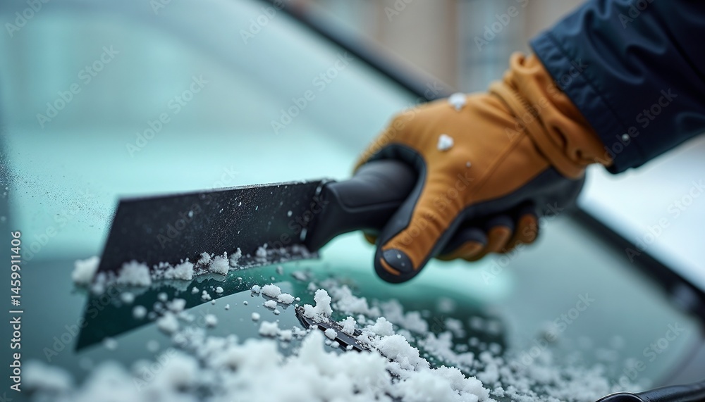 Person scraping snow off a car windshield in winter season