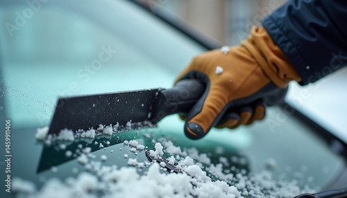Obraz na płótnie Person scraping snow off a car windshield in winter season w salonie