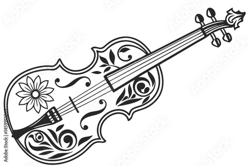 15 Violin silhouette, black and white illustration, intricate details, floral motif, string instrument, classical music, elegant design, high contrast, symmetrical composition, musical artwork, vector