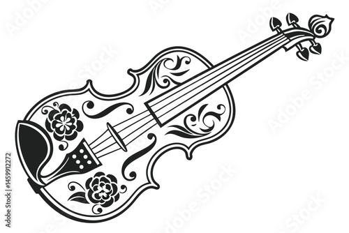 15 Violin silhouette, black and white illustration, intricate details, floral motif, string instrument, classical music, elegant design, high contrast, symmetrical composition, musical artwork, vector