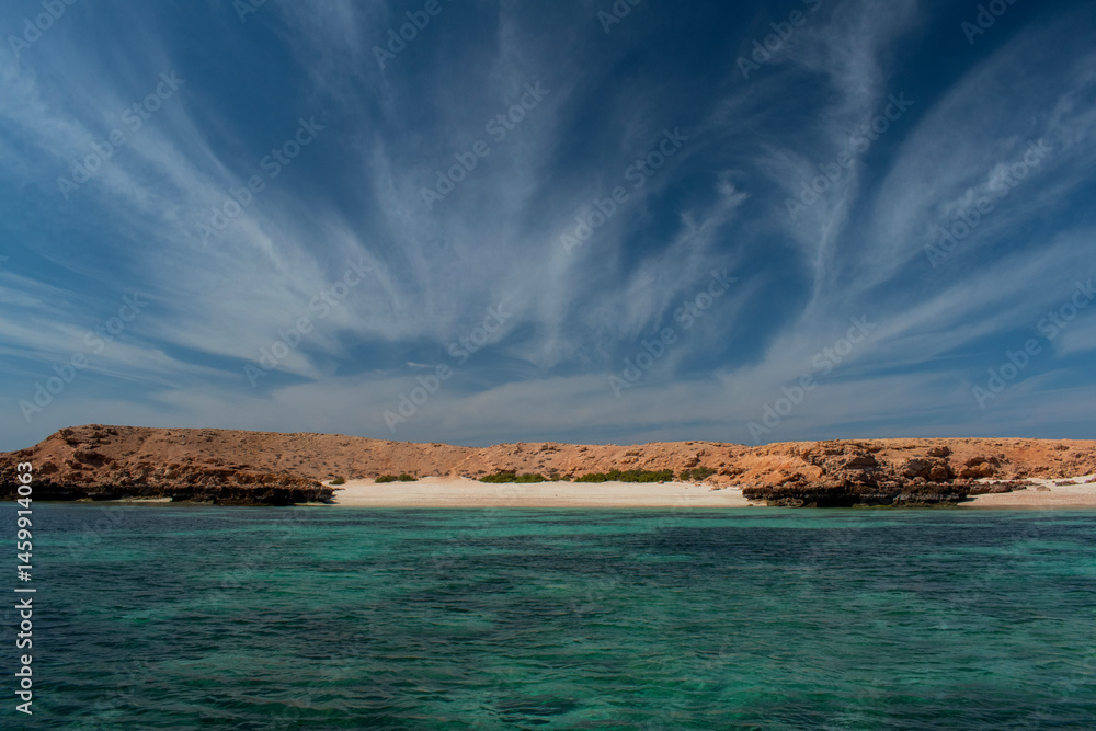 Oman, Middle East, 03-10-2025: the crystal clear waters of Daymaniyat Islands (Ad Dimaniyat), a pristine nature reserve and protected area in the Gulf of Oman, home of sea turtles and migratory birds