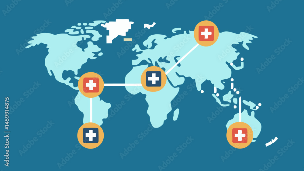 Global Health Network A world map background with blockchain connections linking various healthcare facilities across the globe symbolizing the global potential of blockchain in Global Health Network A world map background with blockchain connections linking various healthcare facilities across the globe symbolizing the global potential of blockchain in
