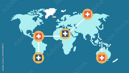 Global Health Network A world map background with blockchain connections linking various healthcare facilities across the globe symbolizing the global potential of blockchain in