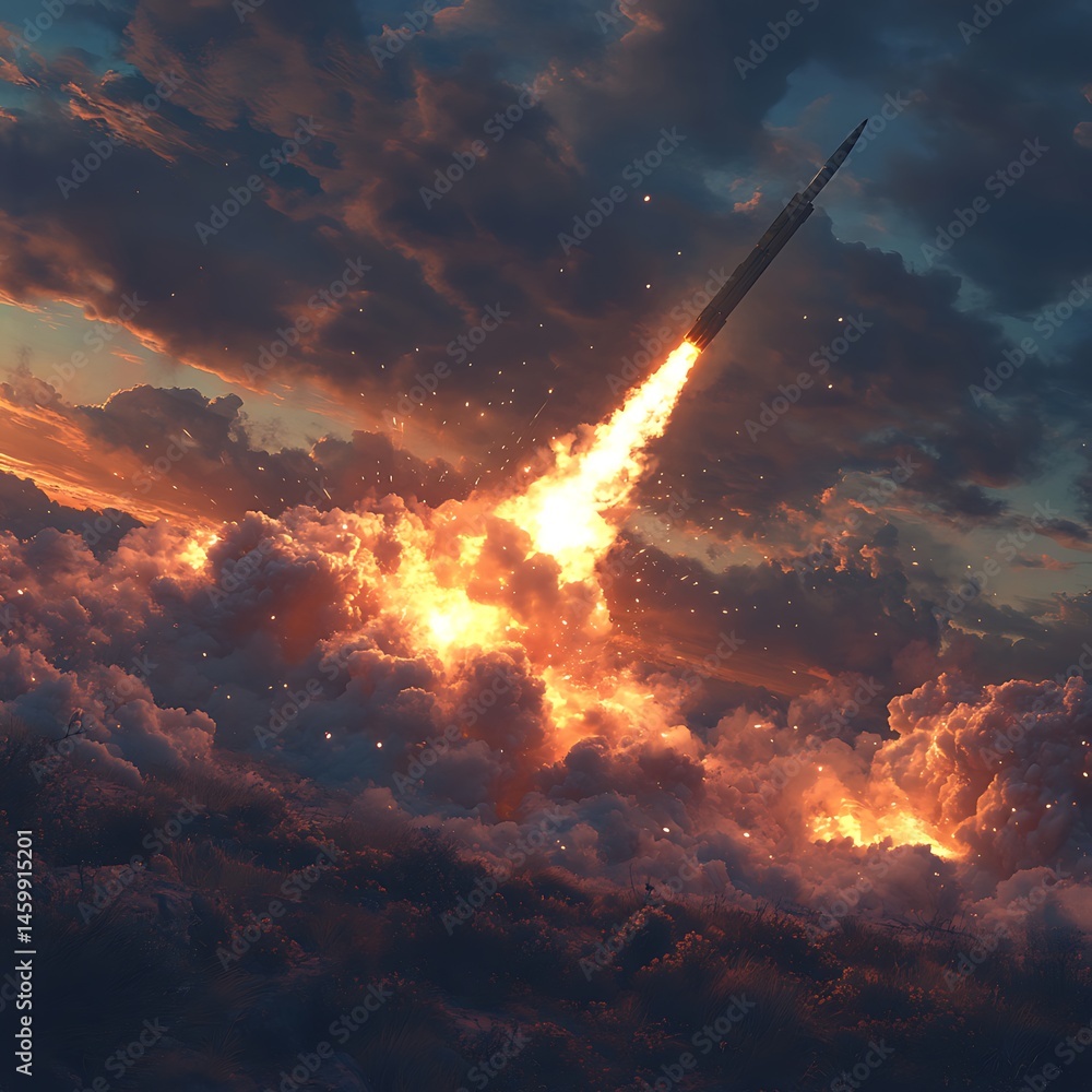 Naklejka premium Fiery Rocket Illuminates Battlefield At Dusk Photo