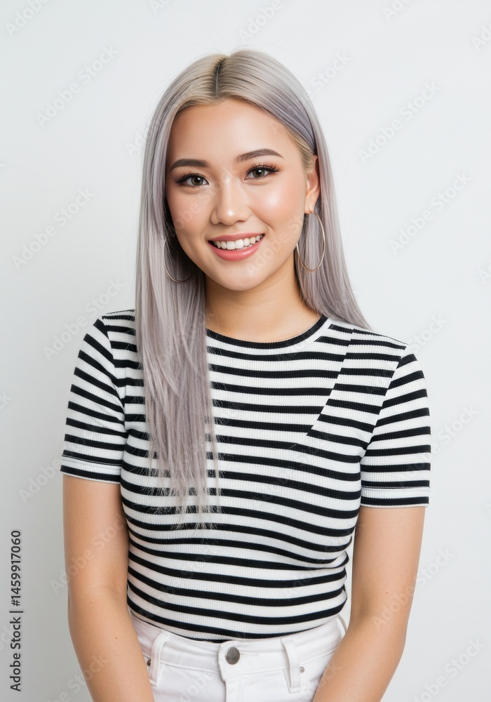 Fototapeta premium Smiling Woman Portrait with Stylish Silver Hair and Striped Shirt