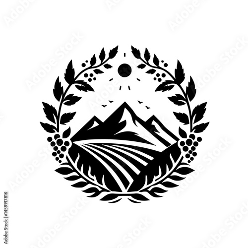 Mountain Vineyard Emblem: Black & White Vintage Logo Design