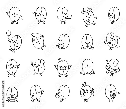 Oat cartoon characters with emotions and actions for cute educational healthy lifestyle snack themed designs in kawaii outline style