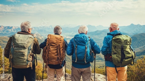 Four senior men hikers enjoying mountain view.