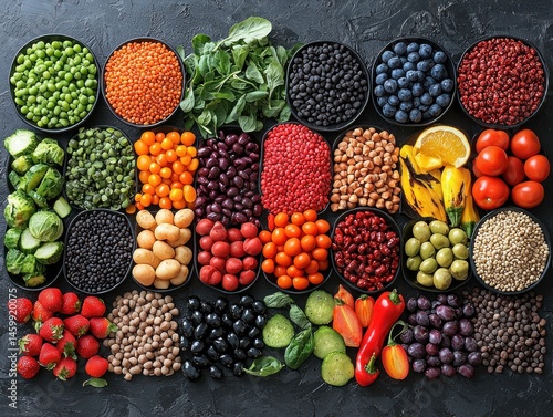 Wallpaper Mural Colorful array of fresh fruits, vegetables, and legumes in bowls.  Healthy eating concept Torontodigital.ca