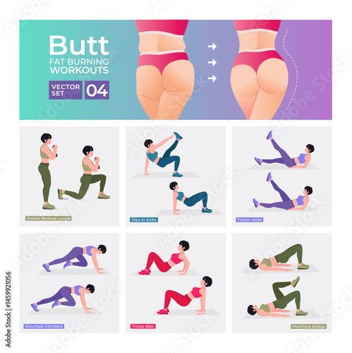 Advanced Level - Glute Exercises Set. Buttocks workout vector Set. Women doing fitness exercises.