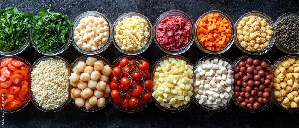 custom made wallpaper toronto digitalColorful assortment of chopped vegetables, pasta, and cheese in glass bowls. Perfect for a vibrant salad or pasta dish
