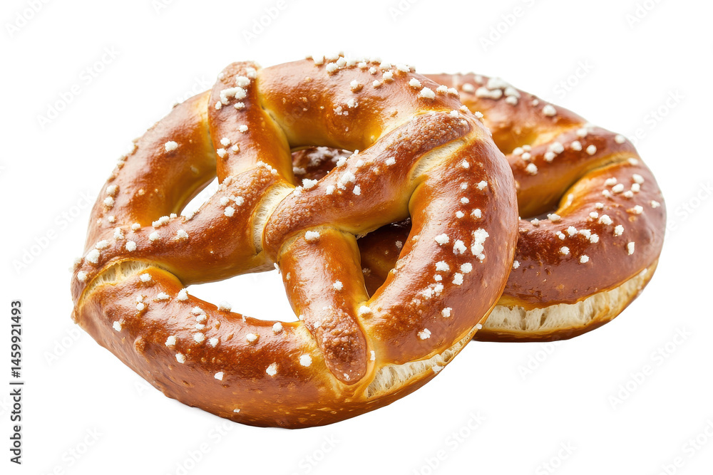 A close up of two pretzels sprinkled with salt on a white background for a delicious treat A close up of two pretzels sprinkled with salt on a white background for a delicious treat