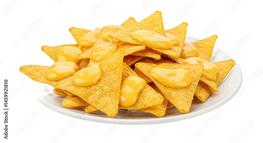 A pile of crispy yellow tortilla chips arranged on a white plate against a simple background setting scene A pile of crispy yellow tortilla chips arranged on a white plate against a simple background setting scene