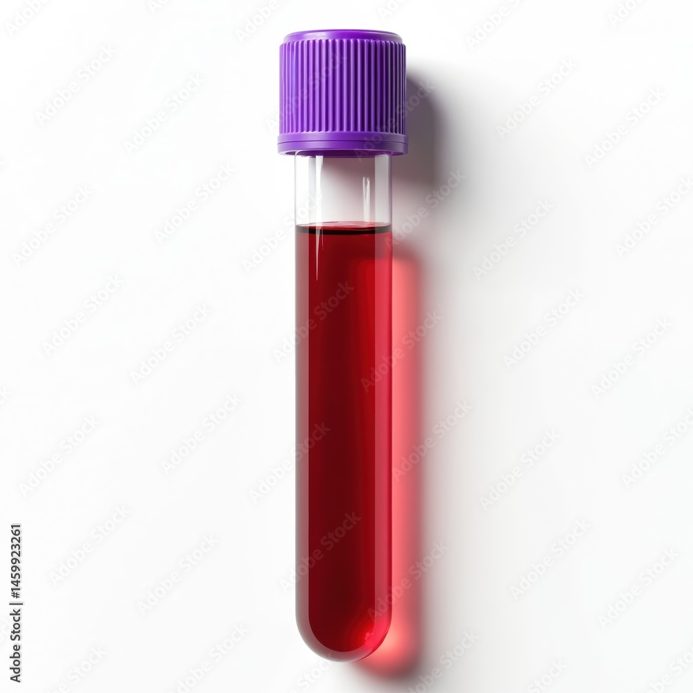 Test tube filled with blood sample against white background. Purple cap, medical analysis, laboratory research, biotechnology, healthcare. Science, diagnostics, clinical, health, blood test concept. Test tube filled with blood sample against white background. Purple cap, medical analysis, laboratory research, biotechnology, healthcare. Science, diagnostics, clinical, health, blood test concept.