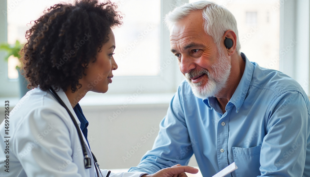 Doctor interacting with elderly patient in bright office setting