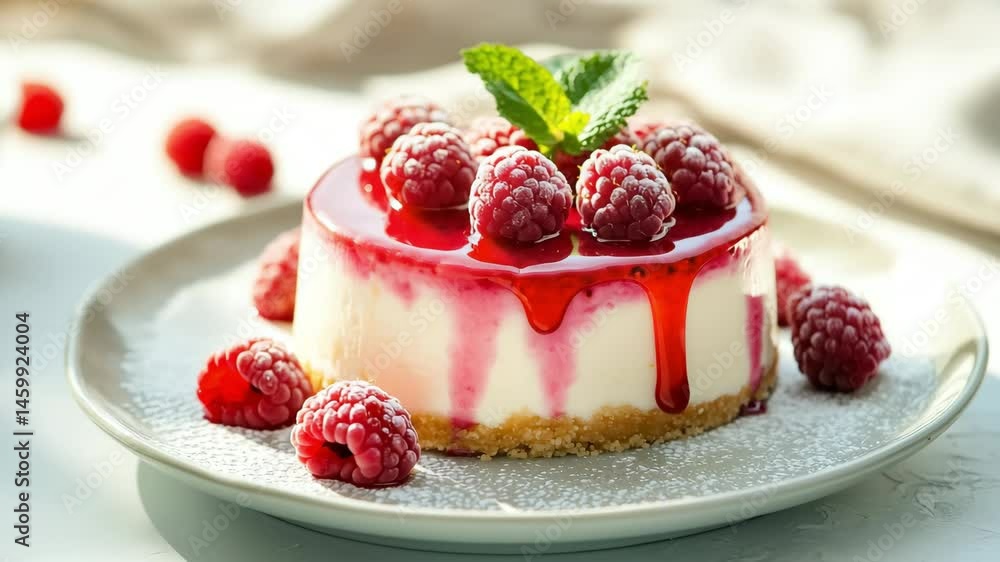 A white plate with raspberry cheesecake topped with fresh raspberries, set on a white table. A white plate with raspberry cheesecake topped with fresh raspberries, set on a white table.