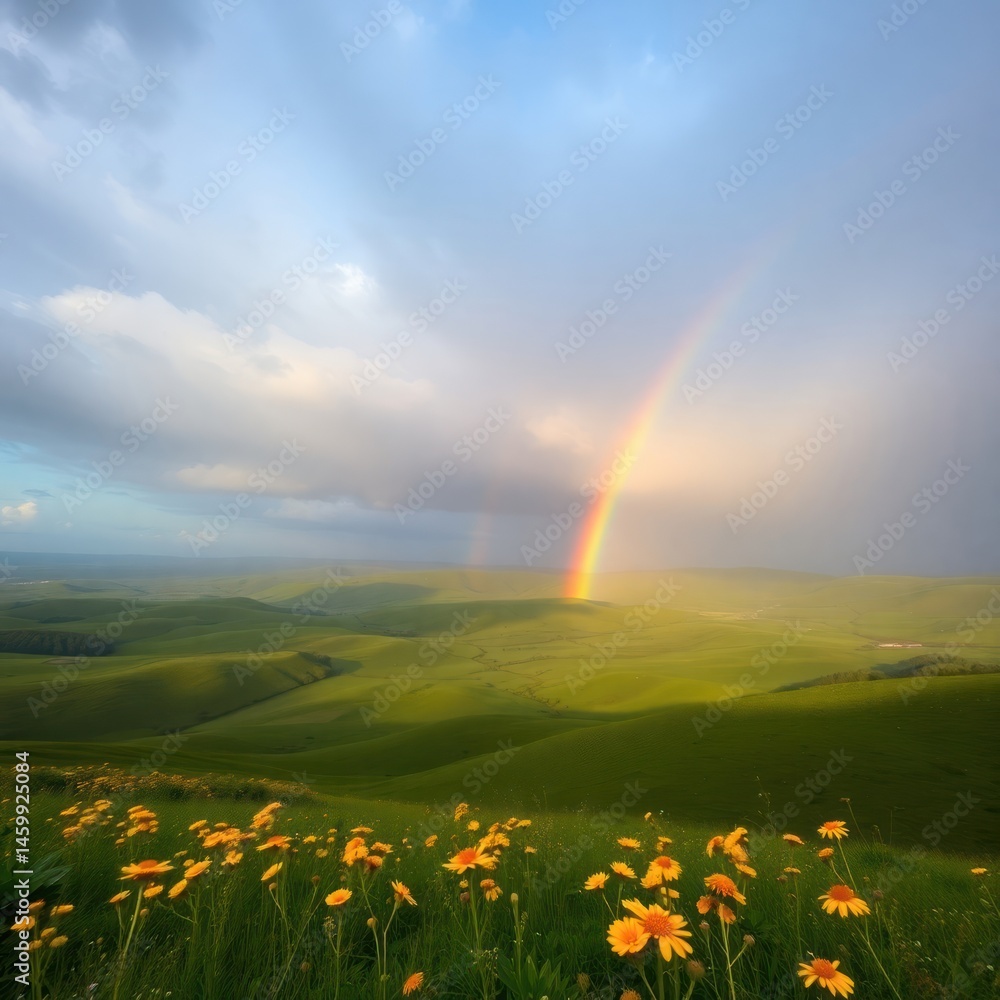 Naklejka premium Double rainbow over rolling green hills and wildflowers.